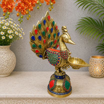 Brassaura® Brass Peacock Diya | Handcrafted Decorative Peacock Oil Lamp | Traditional Brass Deepak for Pooja, Festivals & Home Décor | 12 Inches | 3.6 Kg