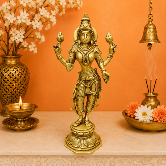 Brassaura® Brass Goddess Lakshmi Statue | Handmade Maa Lakshmi Idol for Wealth, Prosperity & Blessings | Traditional Brass Sculpture for Home Temple & Décor | 10 Inches | 1.8 Kg