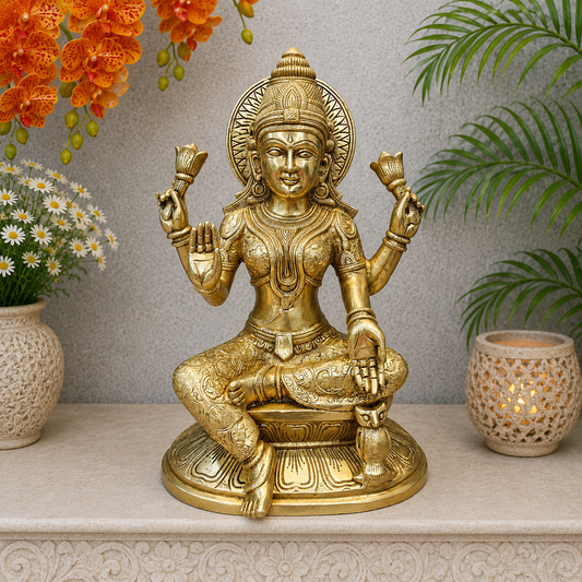 Brassaura® Brass Goddess Lakshmi Statue | Seated Maa Lakshmi Idol on Lotus Pedestal | Divine Brass Sculpture for Wealth, Prosperity & Home Temple Décor | 15 Inches | 13 Kg