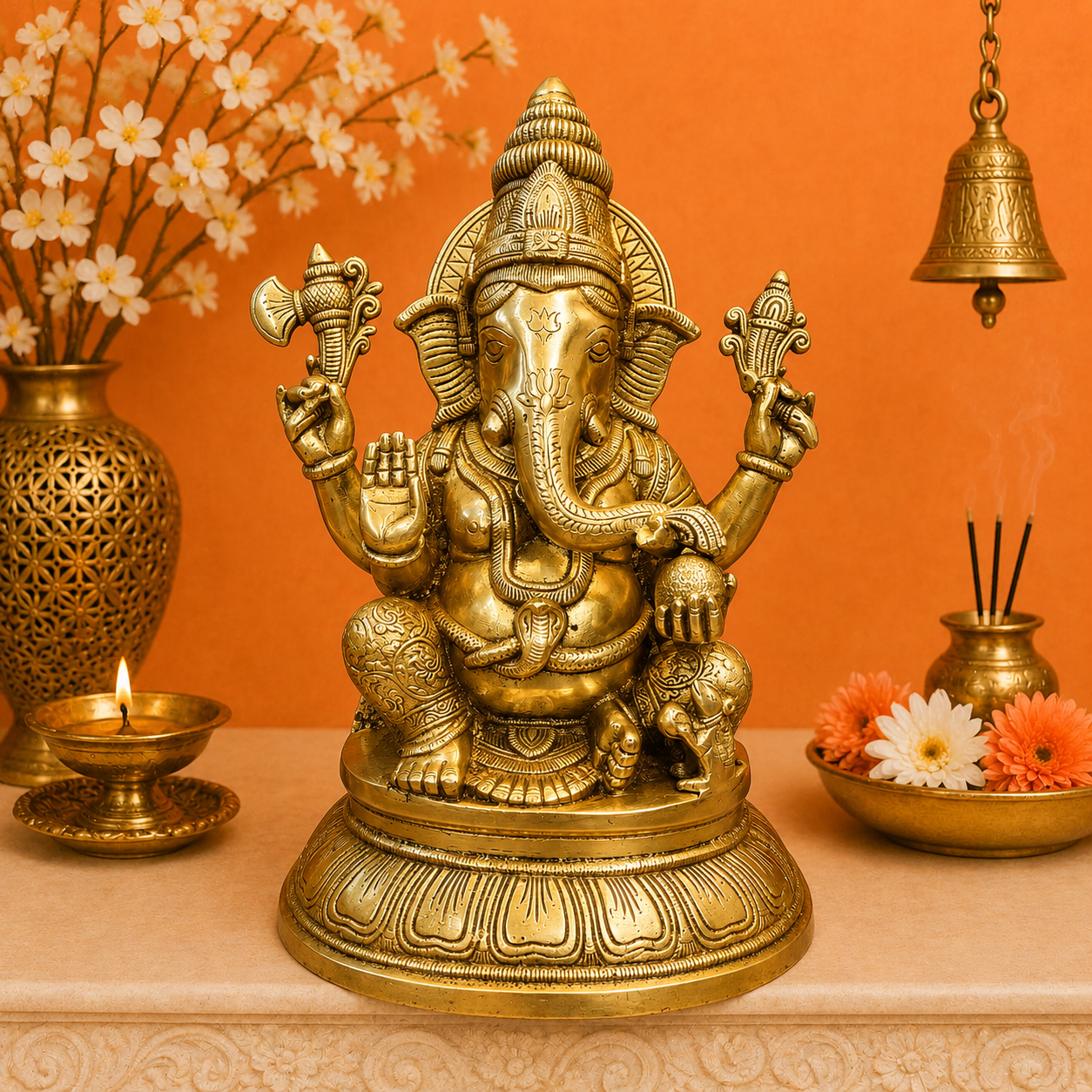 Brassaura® Brass Lord Ganesha Statue | Seated Ganpati Bappa Idol for Wisdom, Success & Prosperity | Premium Brass Sculpture for Home Temple & Spiritual Décor | 15 Inches | 13 Kg