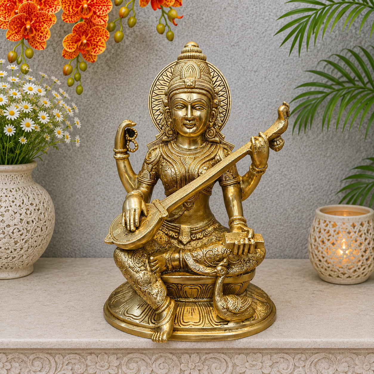 Brassaura® Brass Goddess Saraswati Statue | Seated Maa Saraswati Idol with Veena | Divine Brass Sculpture for Knowledge, Wisdom & Home Temple Décor | 15 Inches | 13 Kg