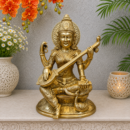 Brassaura® Brass Goddess Saraswati Statue | Seated Maa Saraswati Idol with Veena | Divine Brass Sculpture for Knowledge, Wisdom & Home Temple Décor | 15 Inches | 13 Kg