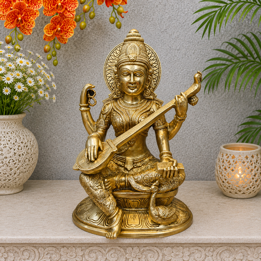 Brassaura® Brass Goddess Saraswati Statue | Seated Maa Saraswati Idol with Veena | Divine Brass Sculpture for Knowledge, Wisdom & Home Temple Décor | 15 Inches | 13 Kg