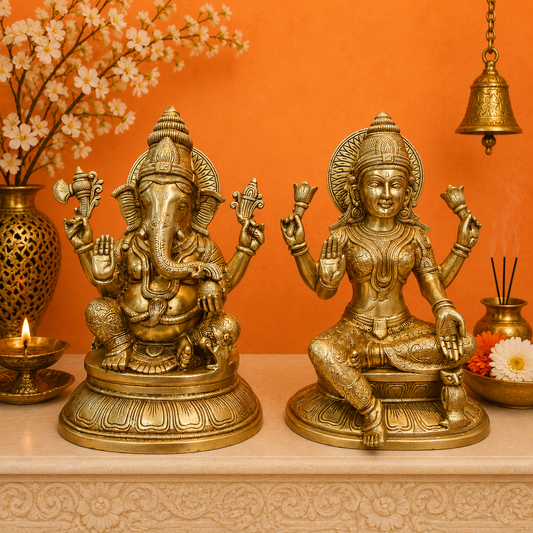 Brassaura® Brass Lakshmi & Ganesha Idol Set | Goddess Lakshmi and Lord Ganesha Murti Pair | Premium Brass Statue for Wealth, Prosperity & Good Fortune | 15 Inches | 26 Kg
