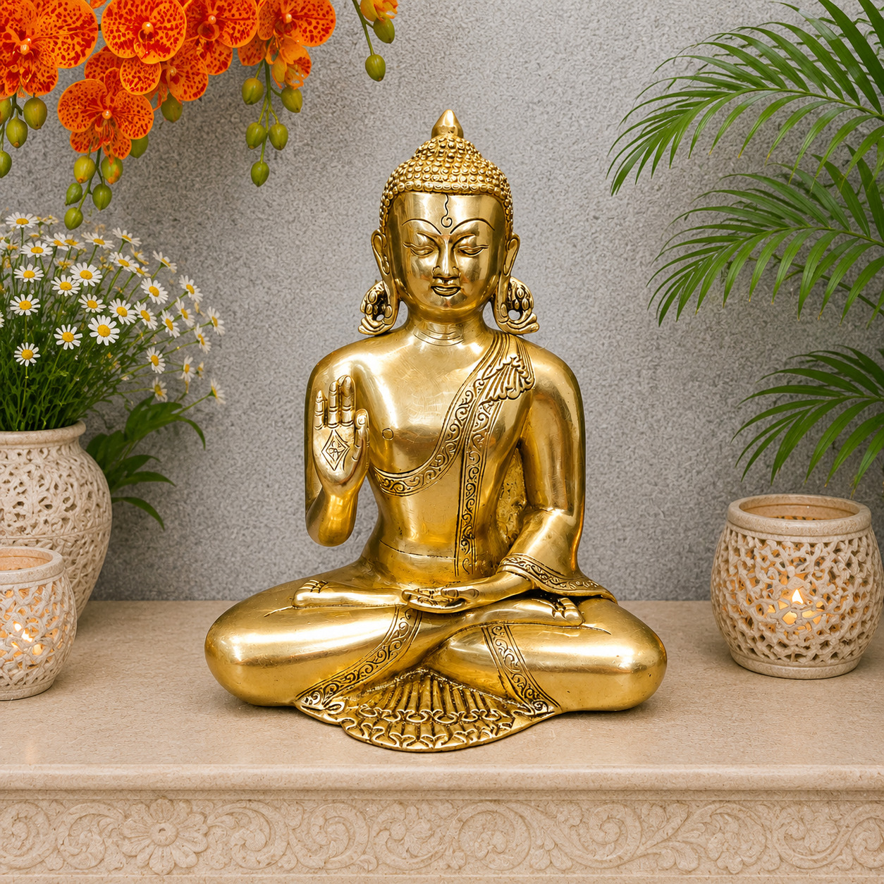 Brassaura® Brass Meditating Buddha Statue | Peaceful Buddha Idol in Abhaya Mudra | Sacred Brass Sculpture for Home Temple, Meditation & Spiritual Décor | 13 Inches | 6 Kg
