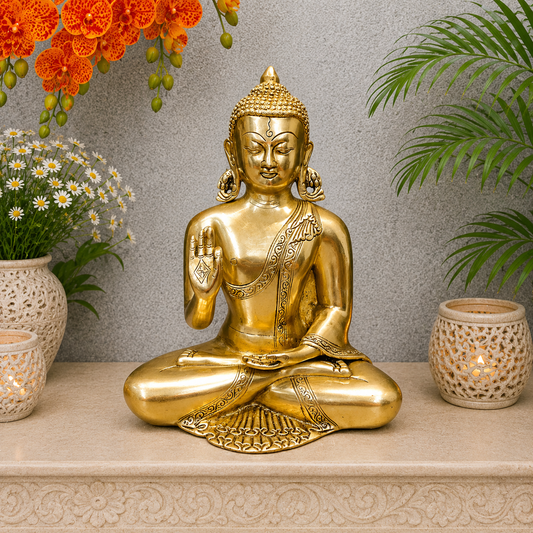 Brassaura® Brass Meditating Buddha Statue | Peaceful Buddha Idol in Abhaya Mudra | Sacred Brass Sculpture for Home Temple, Meditation & Spiritual Décor | 13 Inches | 6 Kg
