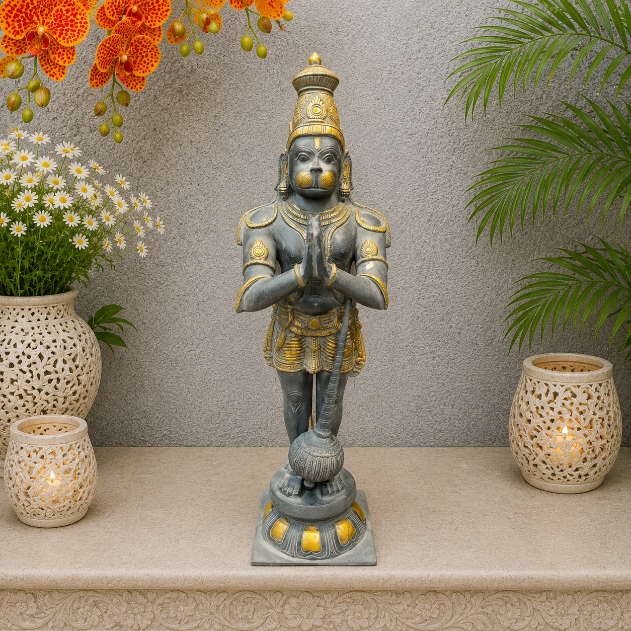 Brassaura® Brass Panchmukhi Hanuman Statue | Standing Hanuman Idol with Gada | Traditional Sacred Brass Sculpture for Home Temple, Spiritual Décor & Gifting | 23 Inches | 9 Kg