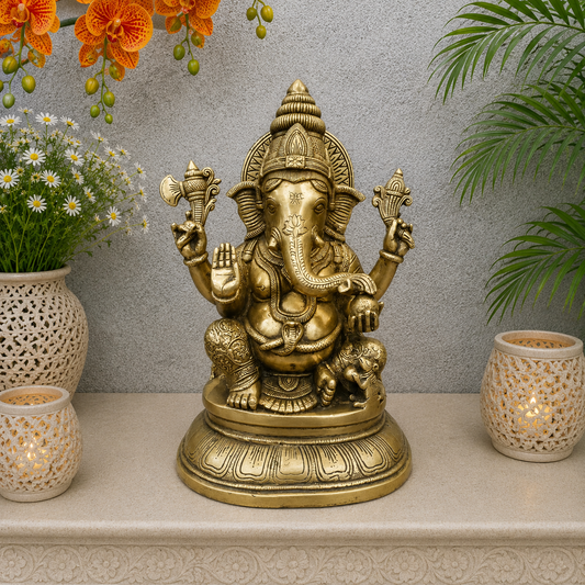 Brassaura® Brass Lord Ganesha Idol | Seated Ganpati Murti with Traditional Detailing | Sacred Brass Sculpture for Home Temple, Spiritual Décor & Gifting | 15 Inches | 13 Kg