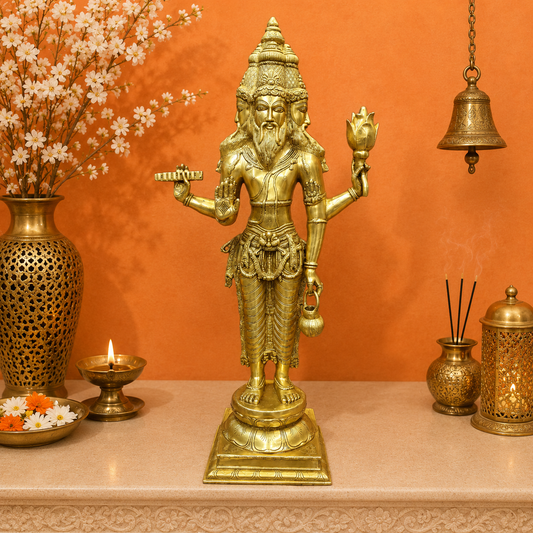 Brassaura® Brass Lord Brahma Statue | Handcrafted Premium Brass Brahma Murti for Home Temple, Pooja & Spiritual Décor | Antique Brass Finish | 39 Inches | 29 Kg