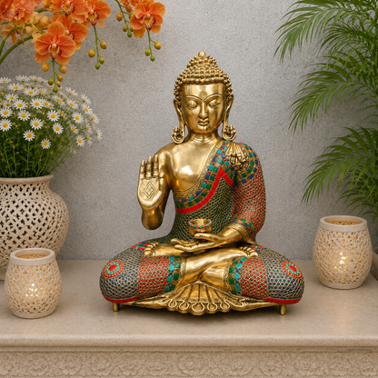 Brassaura® Brass Meditating Buddha Statue | Handcrafted Premium Brass Buddha Murti for Home Temple, Meditation & Spiritual Décor | Multicolor Stonework Finish | 20 Inches | 17 Kg