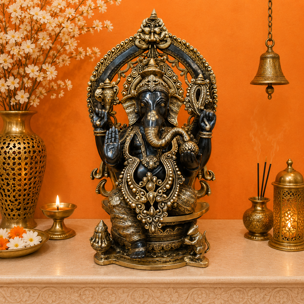 ब्रासोरा® वृंदावन वेणुगोपाल कृष्ण पीतल की प्रतिमा मोर के साथ | एंटीक नीला और सुनहरा रंग | ऊँचाई 20 इंच