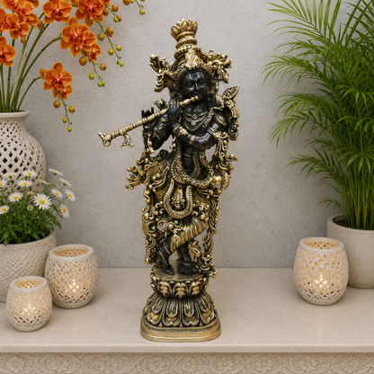 Brassaura® Brass Lord Krishna Playing Flute Idol | Handcrafted Standing Krishna Murti for Home Temple, Living Room & Office Décor | Antique Dual Tone Finish | Premium Brass Statue | 29 Inches | 16 Kg