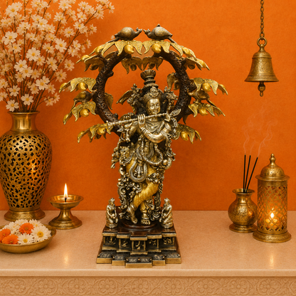 Brassaura® Brass Radha Krishna Under Kadamba Tree Idol | Handcrafted Krishna Playing Flute Statue for Home Temple, Living Room & Office Décor | Antique Dual Tone Finish | Premium Brass Murti | 33 Inches | 51 Kg