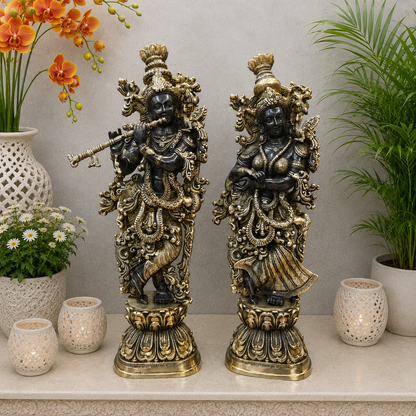 Brassaura® Brass Radha Krishna Idol Set | Handcrafted Standing Radha Krishna Murti for Home Temple, Living Room & Office Décor | Antique Dual Tone Finish | Premium Brass Statue Set | 29 Inches | 32 Kg