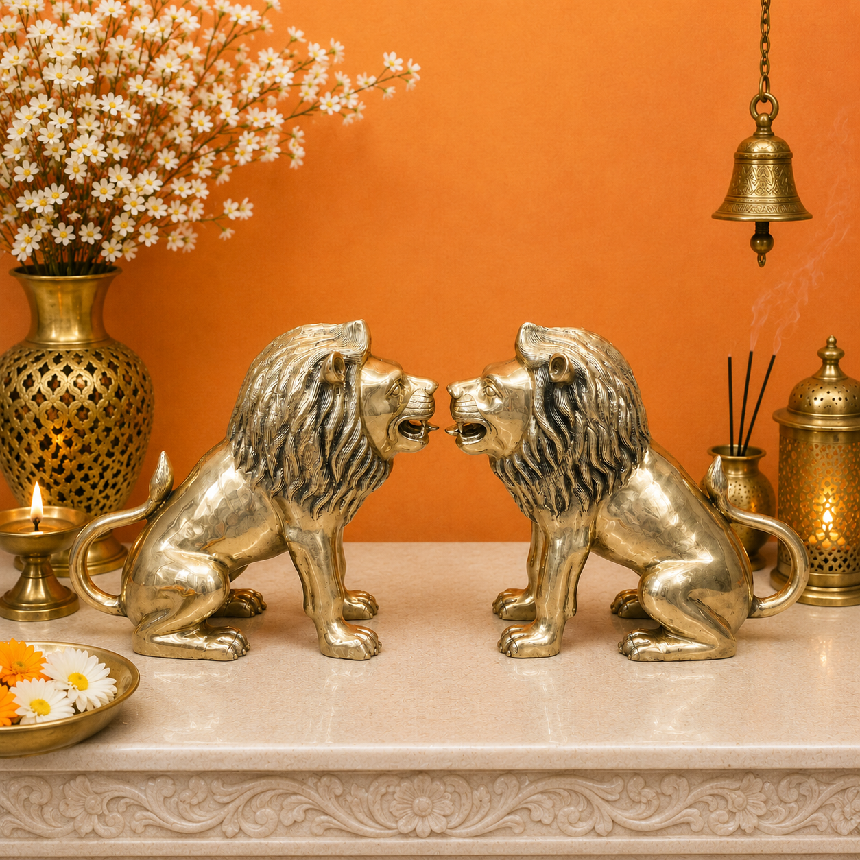 Brassaura® Pair of Brass Lion Statues | Majestic Lion Sculpture Set for Home Entrance, Office, Hotel & Luxury Décor | Handcrafted Brass Art | Antique Gold Finish | 22 Inches | 58 Kg