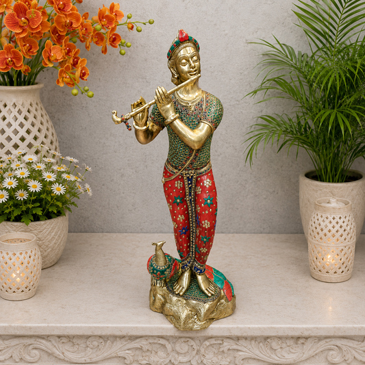 Brassaura® Handcrafted Brass Krishna Playing Flute Statue with Meenakari Art & Peacock | Large Lord Krishna Idol for Home Temple, Living Room & Office Décor | 29.5 Inches | 16 Kg