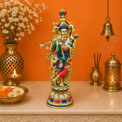 ब्रासोरा® वृंदावन वेणुगोपाल कृष्ण पीतल की प्रतिमा मोर के साथ | एंटीक नीला और सुनहरा रंग | ऊँचाई 20 इंच