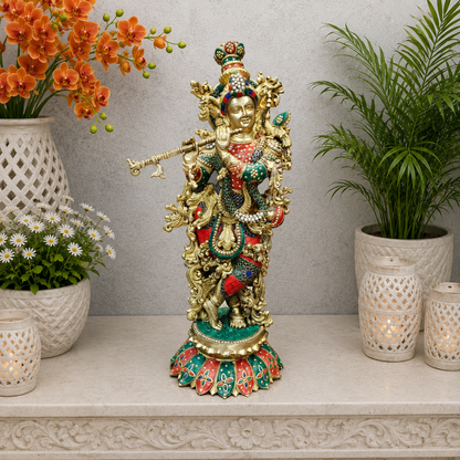 Brassaura® Handcrafted Brass Radha Krishna Statue with Meenakari Art | Large Lord Krishna Idol for Home Temple, Living Room & Office Décor | 27 Inches | 19 Kg