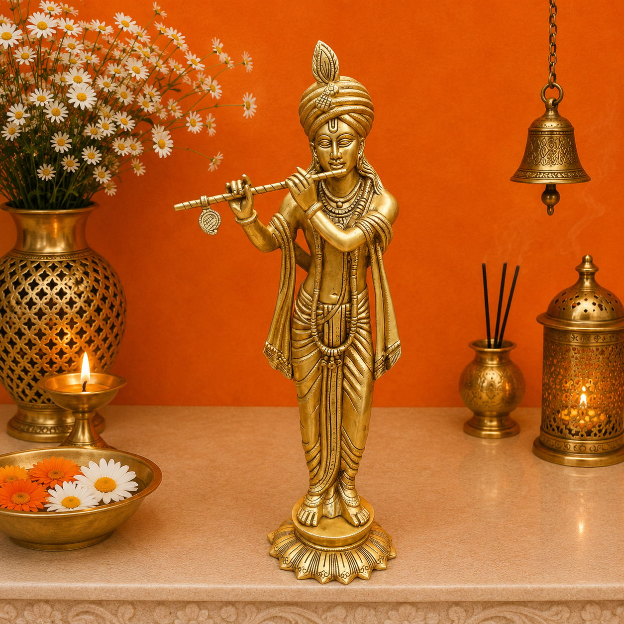 ब्रासोरा® वृंदावन वेणुगोपाल कृष्ण पीतल की प्रतिमा मोर के साथ | एंटीक नीला और सुनहरा रंग | ऊँचाई 20 इंच