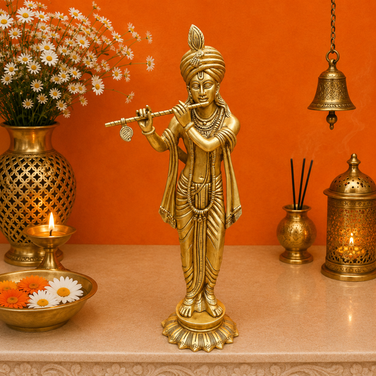 Brassaura® Handcrafted Brass Lord Krishna Playing Flute Statue | Premium Krishna Idol for Home Temple, Living Room & Office Décor | 30 Inches | 14 Kg