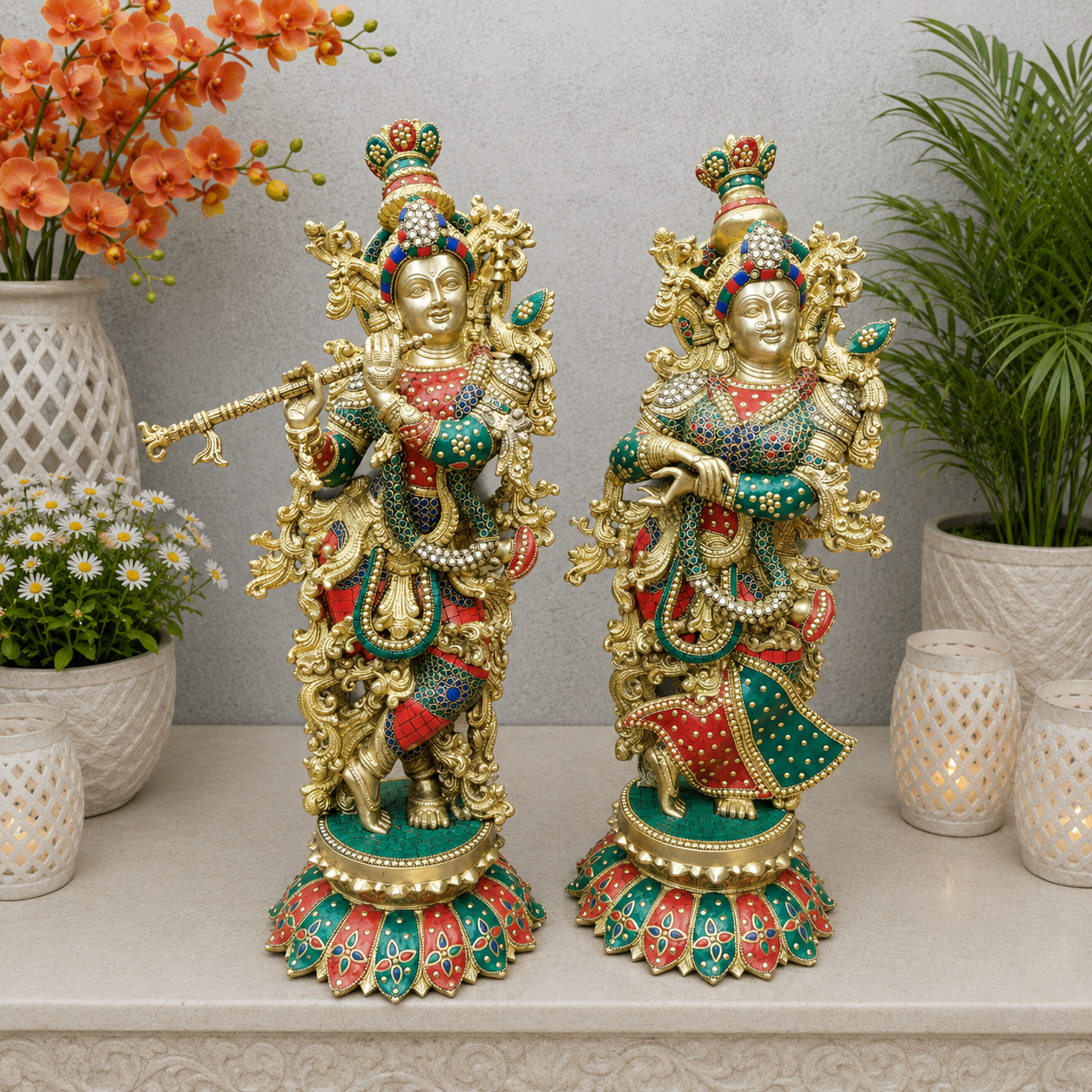 Brassaura® Handcrafted Brass Radha Krishna Idol Set with Stone Inlay Work | Premium Radha Krishna Statue for Home Temple, Living Room & Office Décor | 27 Inches | 38 Kg