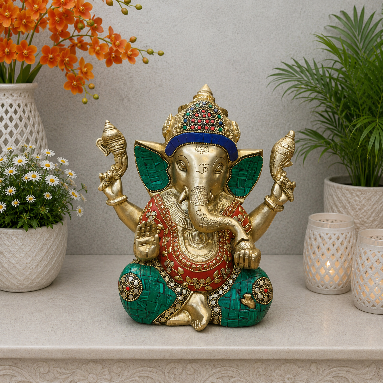 Brassaura® Handcrafted Brass Lord Ganesha Idol with Stone Inlay Work | Premium Ganpati Statue for Home Temple, Living Room & Office Décor | 9 Inches | 5.7 Kg