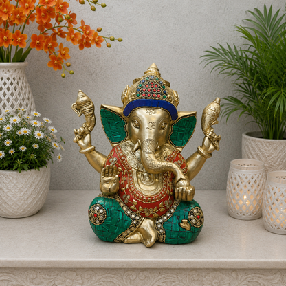 Brassaura® Handcrafted Brass Lord Ganesha Idol with Stone Inlay Work | Premium Ganpati Statue for Home Temple, Living Room & Office Décor | 9 Inches | 5.7 Kg