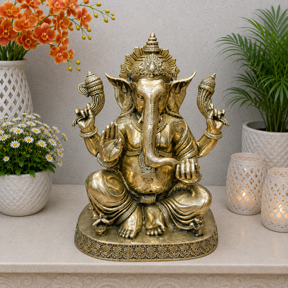 Brassaura® Handcrafted Brass Lord Ganesha Idol | Premium Ganpati Statue for Home Temple, Living Room & Office Décor | 21 Inches | 26 Kg