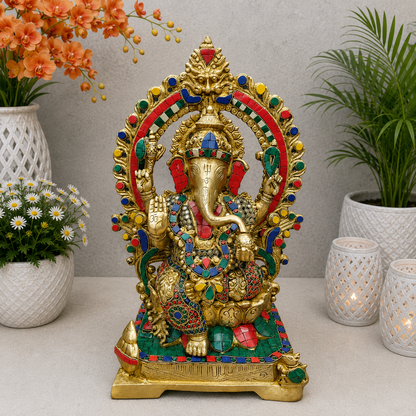 Brassaura® Handcrafted Brass Lord Ganesha Idol with Decorative Prabhavali Arch | Premium Ganpati Statue for Home Temple, Living Room & Office Décor | 18 Inches | 13 Kg