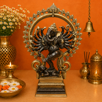 ब्रासोरा® वृंदावन वेणुगोपाल कृष्ण पीतल की प्रतिमा मोर के साथ | एंटीक नीला और सुनहरा रंग | ऊँचाई 20 इंच