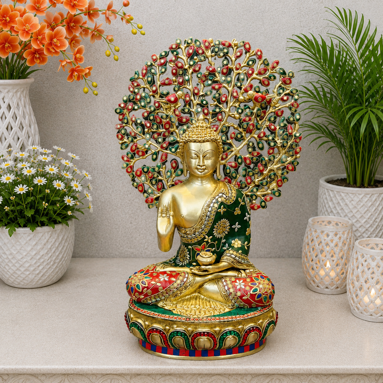 ब्रासोरा® वृंदावन वेणुगोपाल कृष्ण पीतल की प्रतिमा मोर के साथ | एंटीक नीला और सुनहरा रंग | ऊँचाई 20 इंच