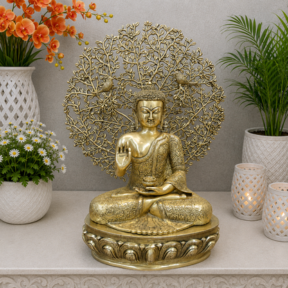 Brassaura® Premium Brass Buddha Under Bodhi Tree Statue | Handcrafted Lord Buddha Sculpture for Home, Temple & Meditation Décor | Antique Brass Finish | 32 Kg