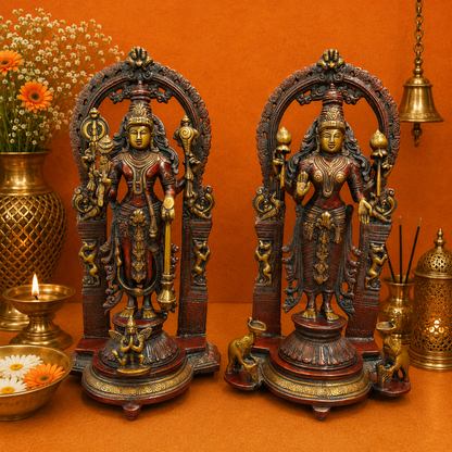 Brassaura® 16 Inch Brass Lakshmi Narayana Statue Set | Handcrafted Lakshmi Vishnu Idols for Home Temple, Pooja Room & Spiritual Décor | Antique Finish | 12 Kg