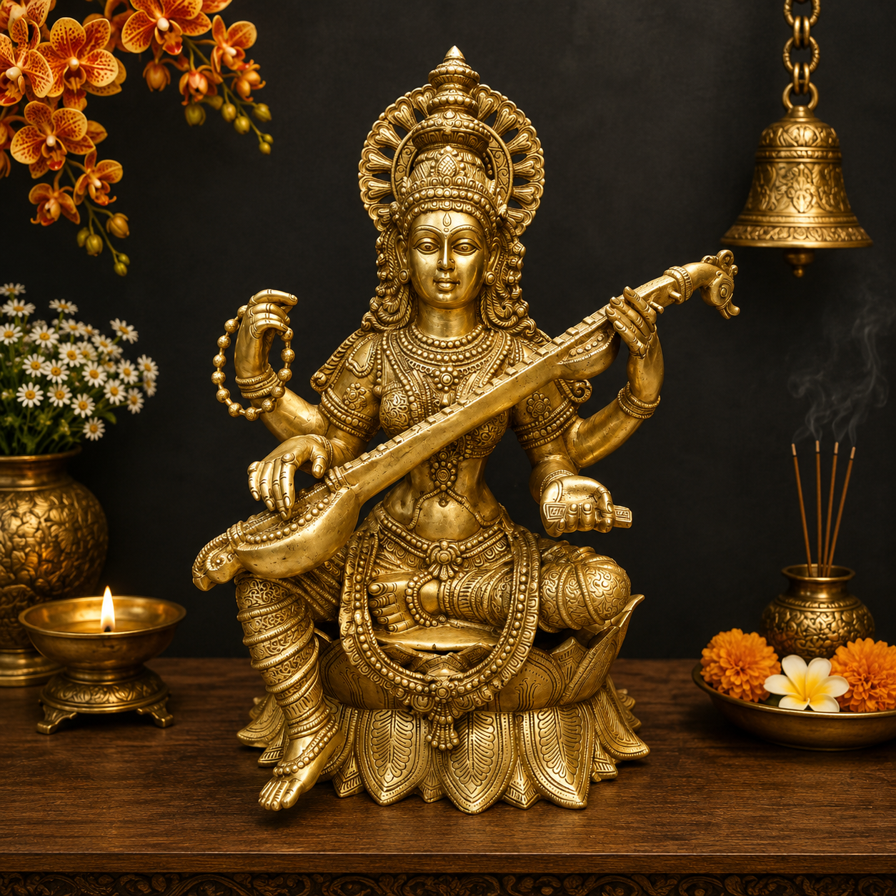 Brassaura® Brass Goddess Saraswati Statue with Veena | Maa Saraswati Idol for Home Temple, Study Room & Spiritual Décor | Handcrafted Brass Murti | 27 Inches | 35 Kg