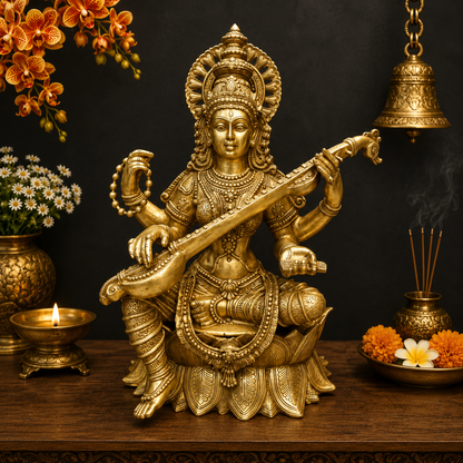 Brassaura® Brass Goddess Saraswati Statue with Veena | Maa Saraswati Idol for Home Temple, Study Room & Spiritual Décor | Handcrafted Brass Murti | 27 Inches | 35 Kg