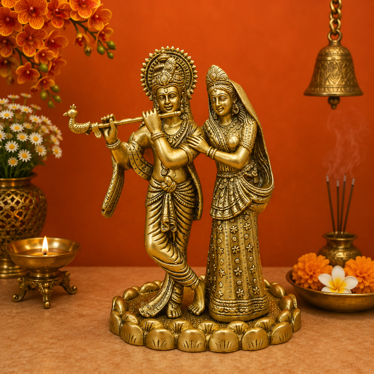 Brassaura® Brass Radha Krishna Statue | Lord Krishna Playing Flute with Radha | Divine Brass Idol for Home Temple & Spiritual Décor | 10 Inches | 4 Kg
