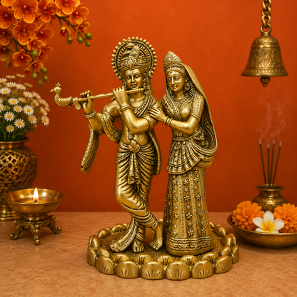 Brassaura® Brass Radha Krishna Statue | Lord Krishna Playing Flute with Radha | Divine Brass Idol for Home Temple & Spiritual Décor | 10 Inches | 4 Kg