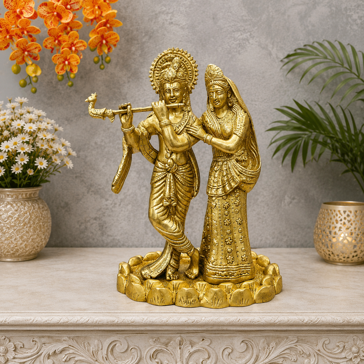 Brassaura® Brass Radha Krishna Statue | Lord Krishna Playing Flute with Radha | Divine Brass Idol for Home Temple & Spiritual Décor | 10 Inches | 4 Kg
