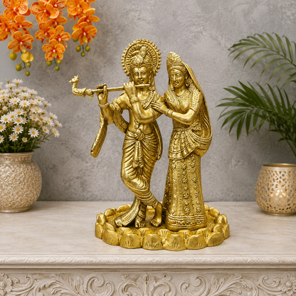 Brassaura® Brass Radha Krishna Statue | Lord Krishna Playing Flute with Radha | Divine Brass Idol for Home Temple & Spiritual Décor | 10 Inches | 4 Kg