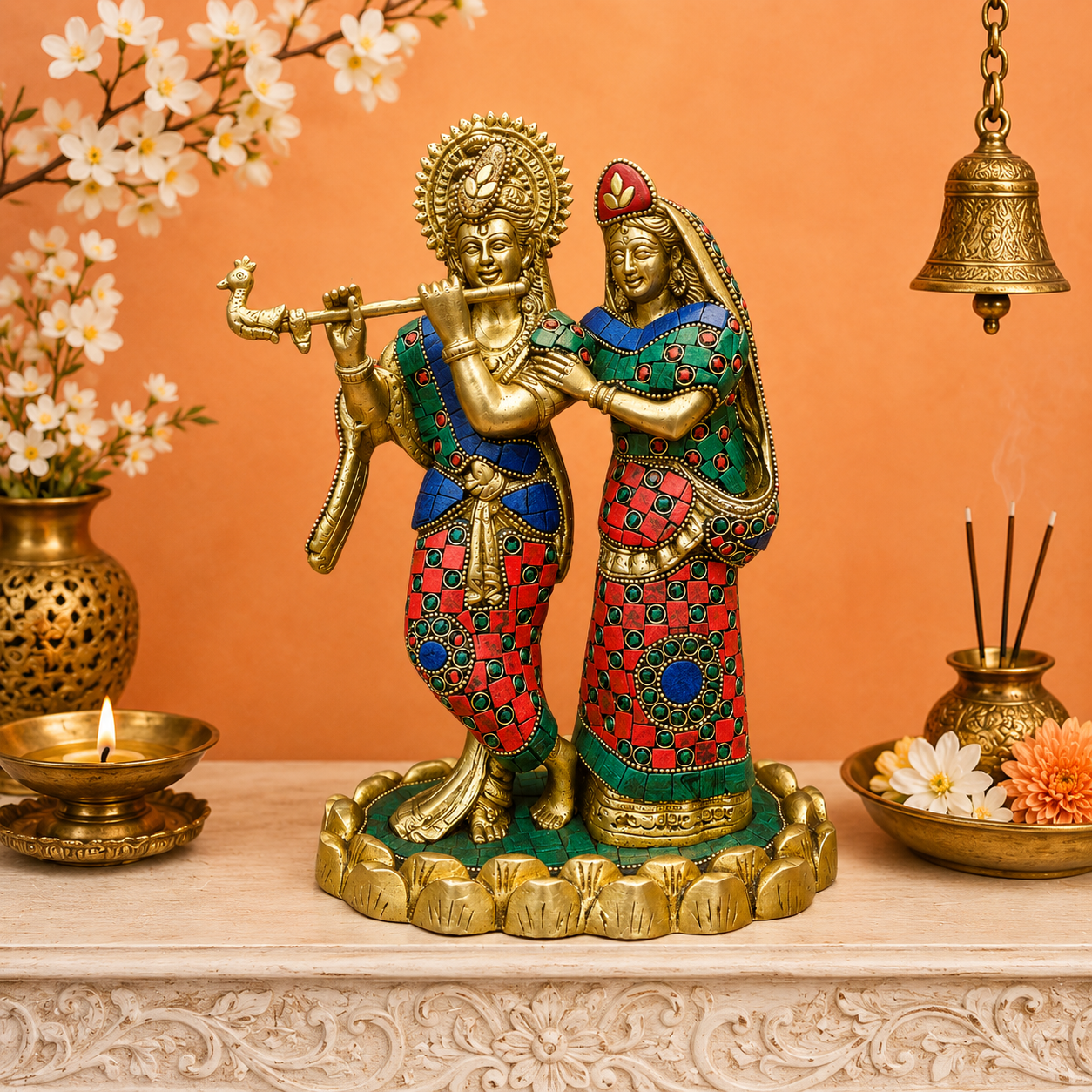Brassaura® Handcrafted Brass Radha Krishna Statue with Meenakari Work | Lord Krishna Playing Flute with Radha | Decorative Brass Idol for Home Temple & Spiritual Décor | 10 Inches | 4.2 Kg