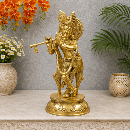 Brassaura® Brass Lord Krishna Playing Flute Statue | Traditional Standing Krishna Murti | Elegant Brass Sculpture for Home Temple, Décor & Spiritual Spaces | 11.5 Inches | 2.7 Kg