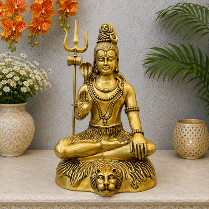 Brassaura® Brass Meditating Lord Shiva Statue | Traditional Shiva Murti with Trishul | Sacred Brass Sculpture for Home Temple, Spiritual Décor & Meditation Spaces | 34 Inches | 35 Kg