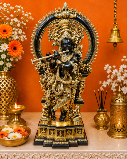 Brassaura® 32 Inch Brass Lord Krishna Statue | Handcrafted Krishna Idol for Home Temple, Pooja Room & Spiritual Décor | Antique Finish | 36 Kg