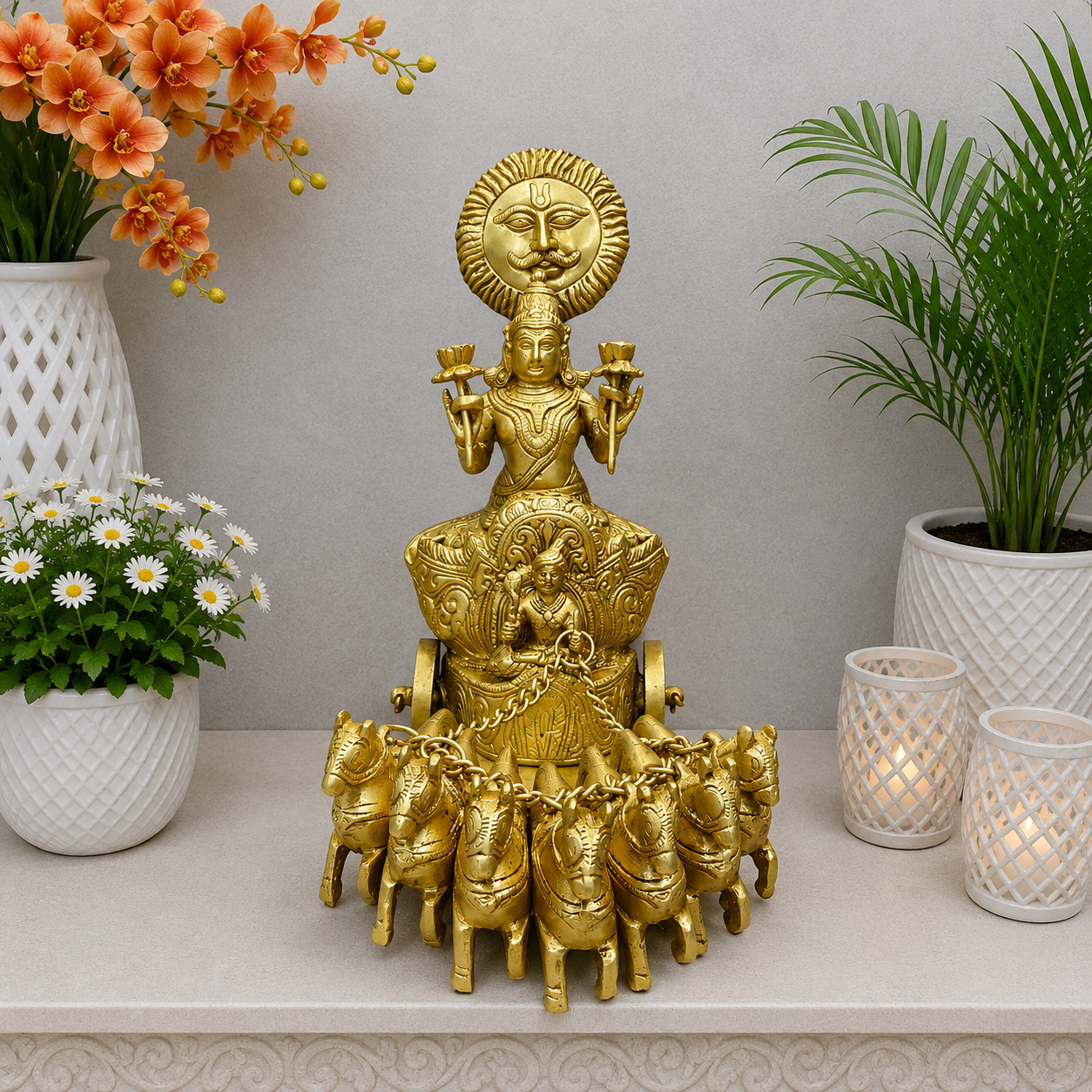 Brassaura® 12 Inch Brass Surya Dev Rath Statue | Handcrafted Sun God Idol with Seven Horses for Home Temple & Spiritual Décor | Antique Finish | 7.5 Kg