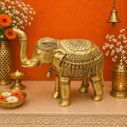 Brassaura® 26 Inch Brass Elephant Statue | Handcrafted Decorative Elephant for Home Entrance, Living Room & Vastu Décor | Antique Finish | 48 Kg