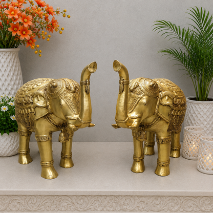 Brassaura® 26 Inch Brass Elephant Pair | Handcrafted Decorative Elephant Statues for Home Entrance, Living Room & Vastu Décor | Antique Finish | 96 Kg