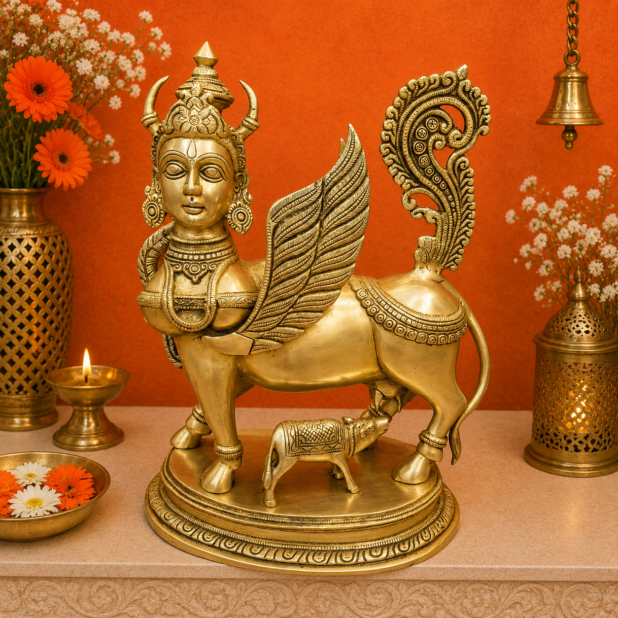 ब्रासोरा® वृंदावन वेणुगोपाल कृष्ण पीतल की प्रतिमा मोर के साथ | एंटीक नीला और सुनहरा रंग | ऊँचाई 20 इंच