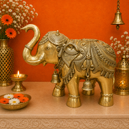 Brassaura® 19 Inch Brass Decorative Elephant Statue | Handmade Antique Brass Elephant Idol with Hanging Bells | Vastu Elephant for Home Décor, Temple, Office & Entrance | 30 Kg