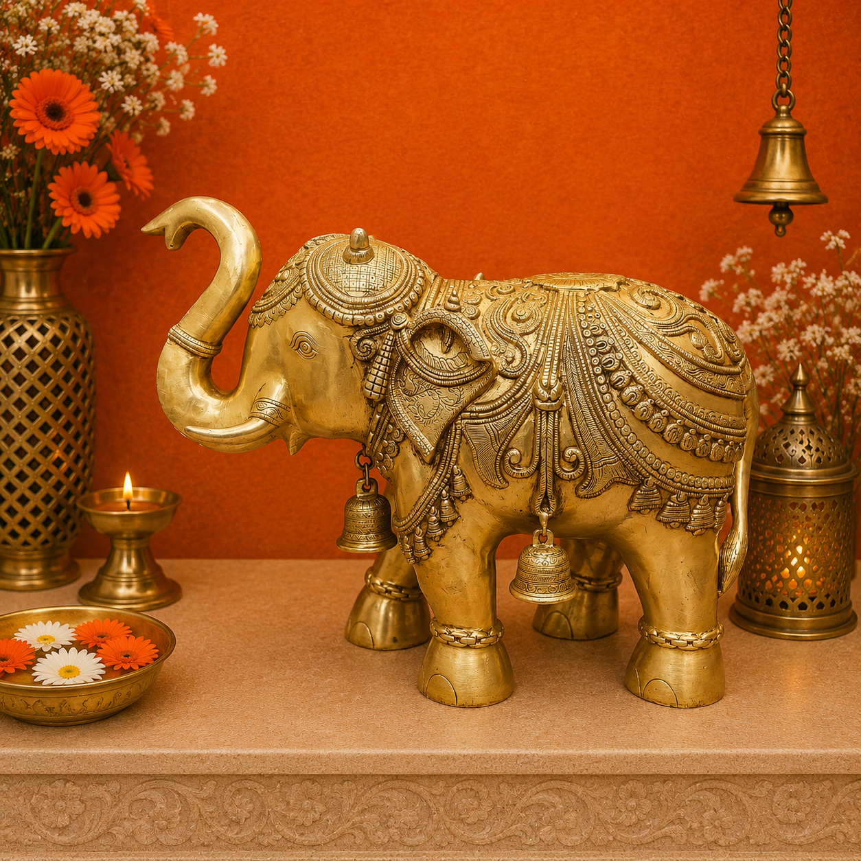 Brassaura® Handmade Brass Decorative Elephant Statue with Hanging Bells | Antique Brass Elephant Idol for Home Décor, Office, Temple & Entrance | Height 19 Inches | 30 Kg
