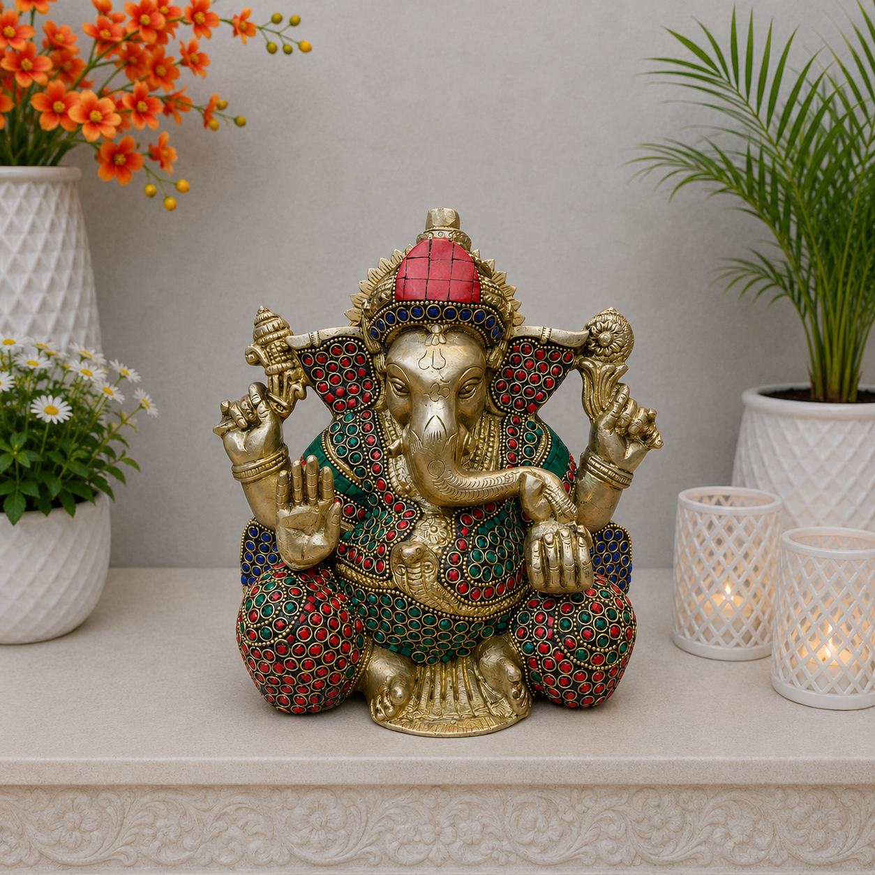 Brassaura® Handmade Brass Lord Ganesha Idol with Stone Work | Decorative Ganesh Murti for Home Temple, Office & Pooja Room | Height 8 Inches | 6 Kg